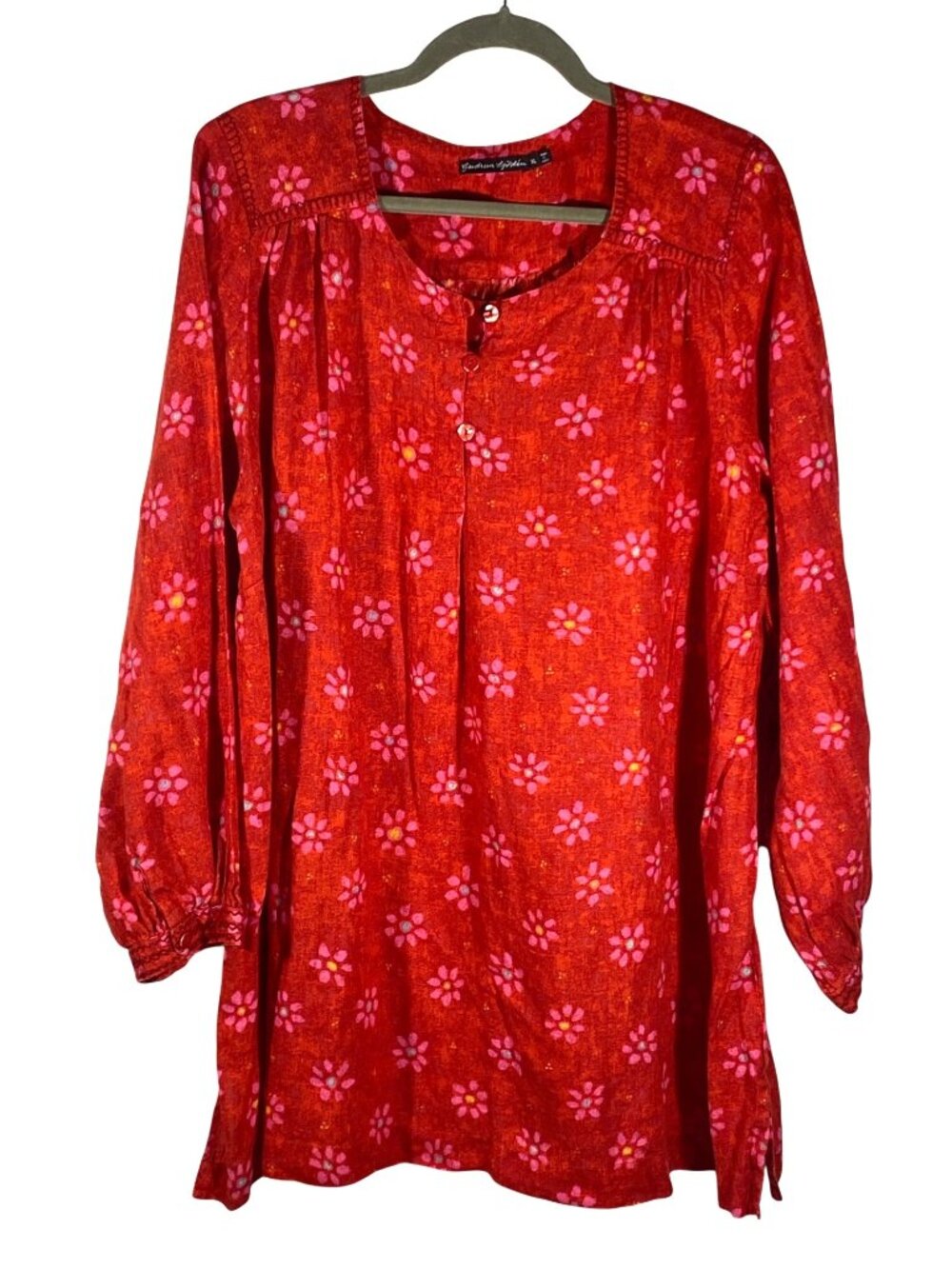 Gudrun Sjoden Red Floral Linen Tunic Dress XL Long Sleeve Boho lagenlook Style